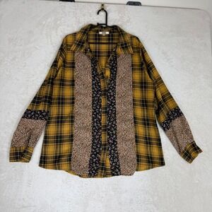 Gimmicks Mixed Print Plaid Leopard Floral Button Down Shirt XL Boho Festival